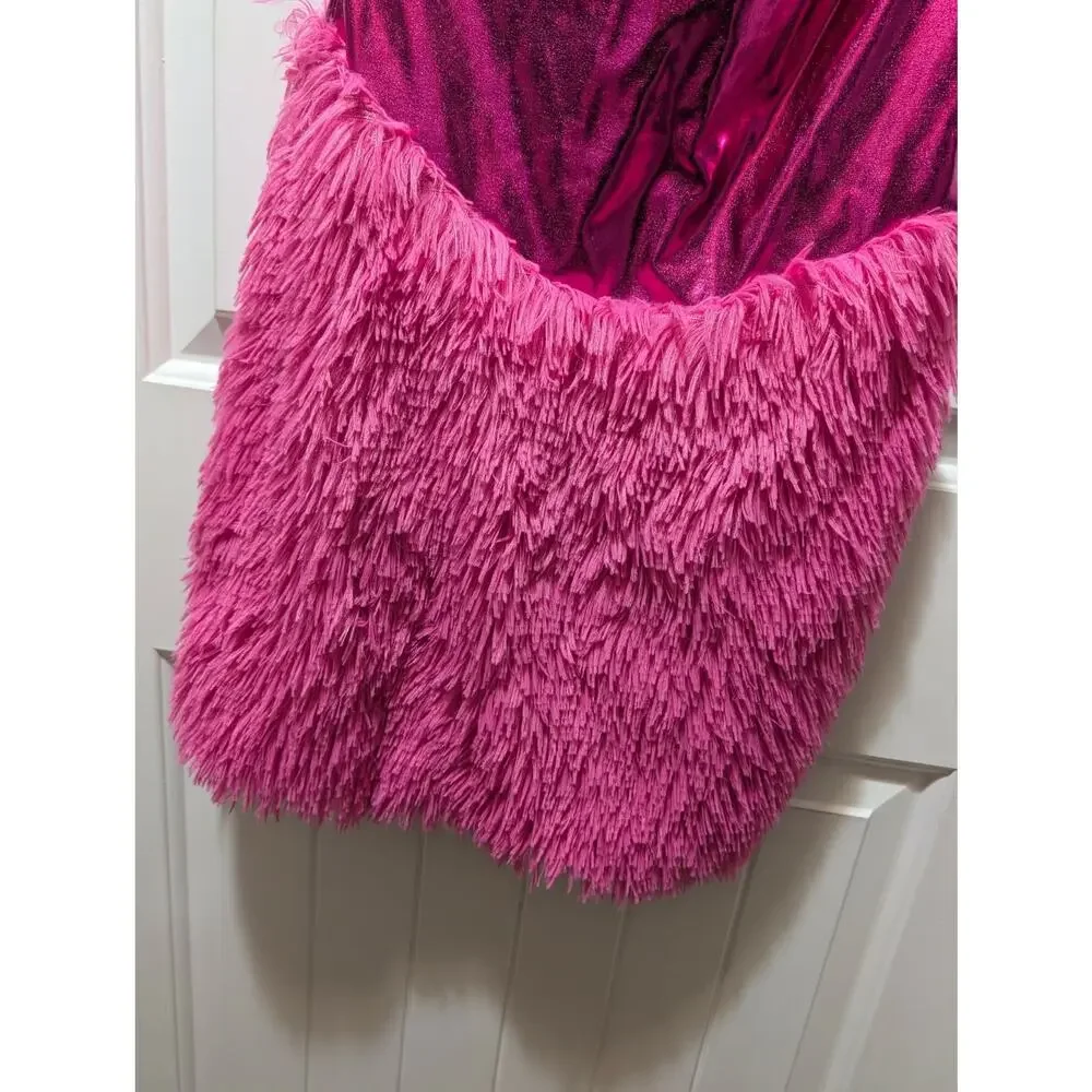 One Shoulder Metallic Feather Hem Cocktail Party Mini Dress Fuchsia Pink Size XS